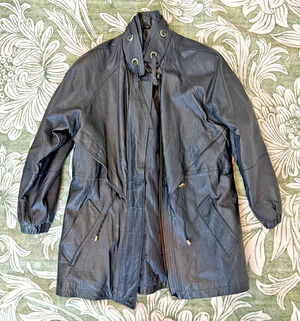 Comint Standing Collar Cinched Mid length Leather Jacket 1980s Womens Medium